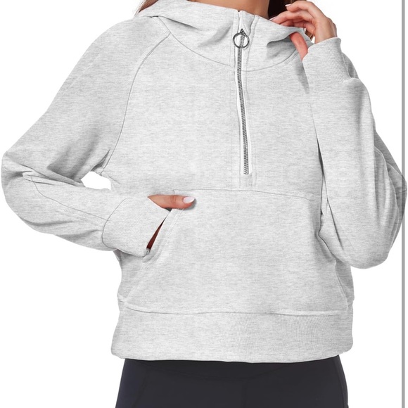 Grey Pullover Front Pocket Half Zipped Up Hooded  Sweatshirt - Picture 2 of 9